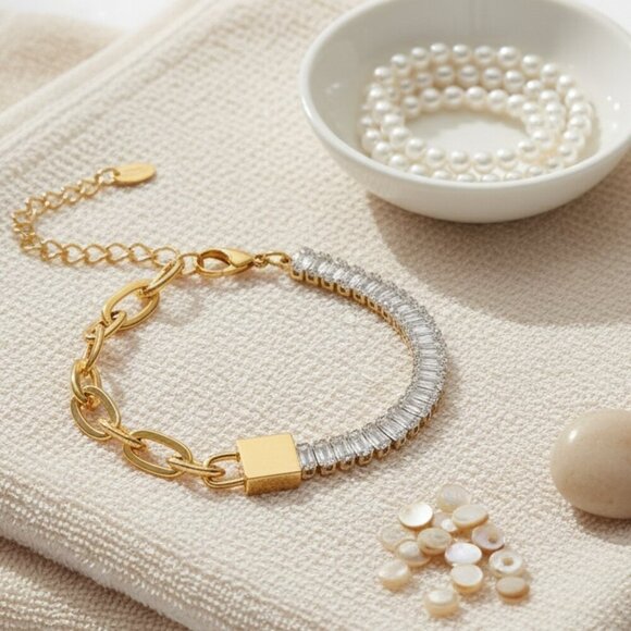 ποΈ 18K Gold Plated Bracelet With Sparkling Zirconia Baguettes & Padlock Design - Picture 7 of 14